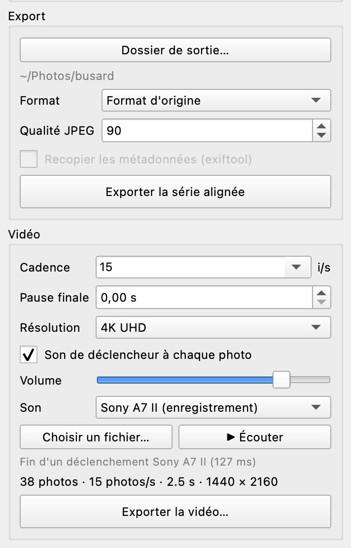 Les réglages de la vidéo S1 : 15 images par seconde, 4K et son du Sony A7 II, soit 38 photos et 2,5 s de vidéo.